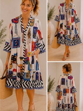 Colorblock Patchwork Tunic Dress with Tassel Details